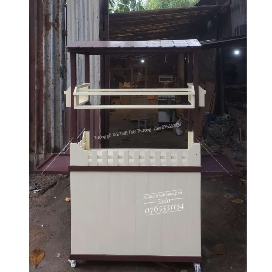 Tủ gỗ bán cà phê mang đi 1m có mái màu kem phối nâu HCM