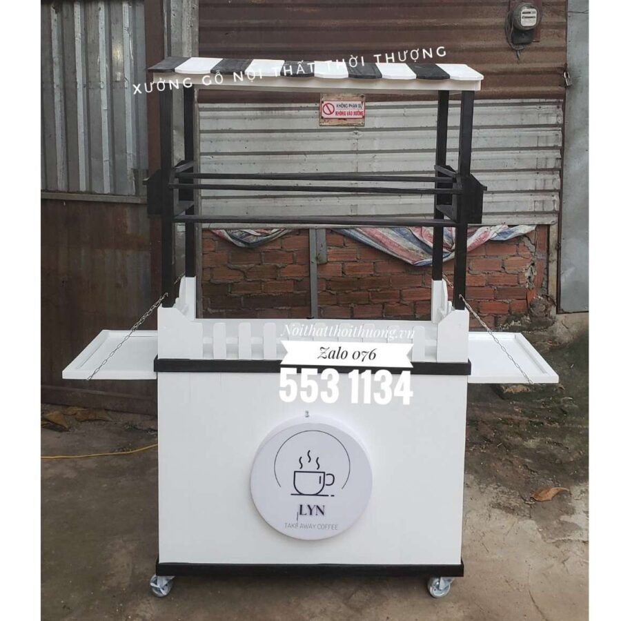 Xe đẩy cà phê gỗ 1m hộp đèn logo LOng An, Tây Ninh, HCM